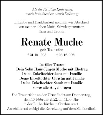 Traueranzeige von Renate Muche von lausitzer_rundschau
