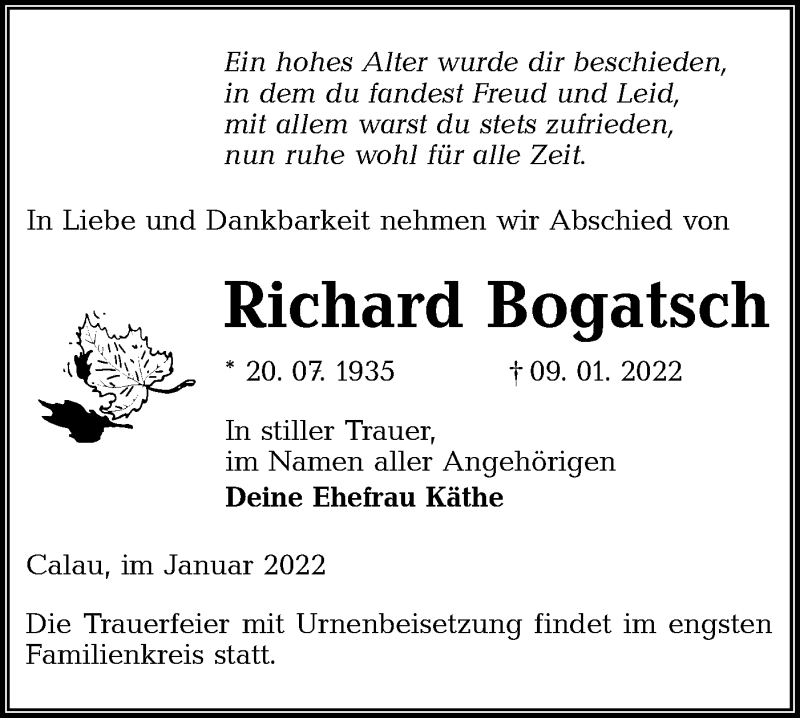  Traueranzeige für Richard Bogatsch vom 15.01.2022 aus lausitzer_rundschau