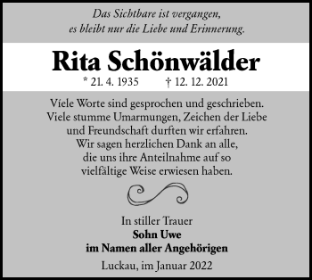 Traueranzeige von Rita Schönwälder von lausitzer_rundschau