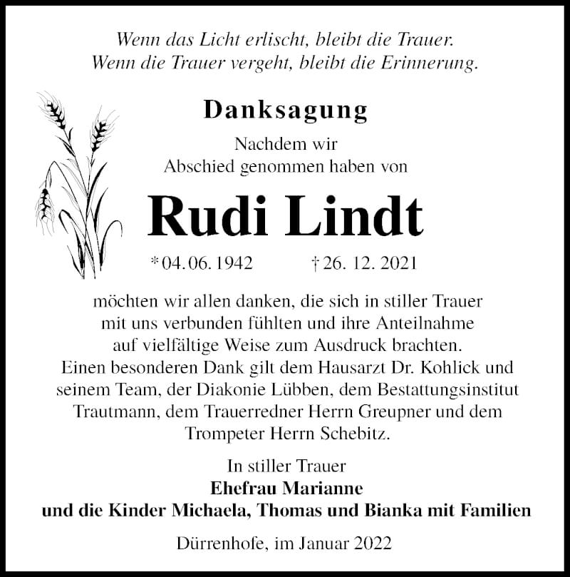  Traueranzeige für Rudi Lindt vom 22.01.2022 aus lausitzer_rundschau