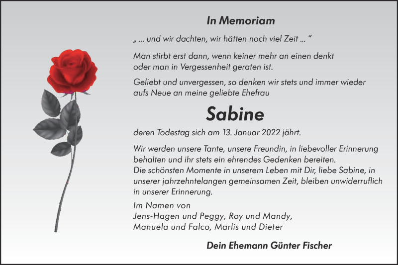  Traueranzeige für Sabine  vom 13.01.2022 aus lausitzer_rundschau