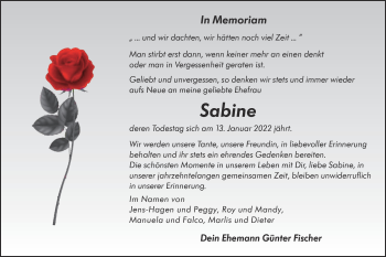 Traueranzeige von Sabine  von lausitzer_rundschau