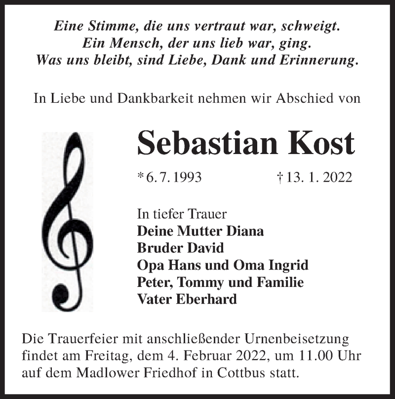  Traueranzeige für Sebastian Kost vom 29.01.2022 aus lausitzer_rundschau