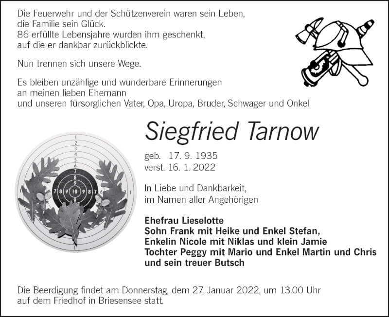  Traueranzeige für Siegfried Tarnow vom 22.01.2022 aus lausitzer_rundschau