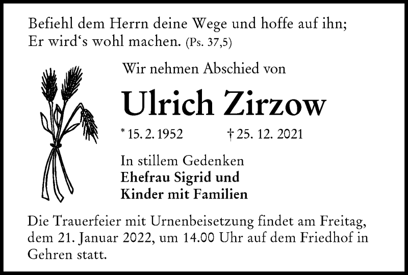  Traueranzeige für Ulrich Zirzow vom 08.01.2022 aus lausitzer_rundschau