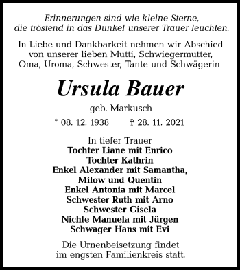 Traueranzeige von Ursula Bauer von lausitzer_rundschau