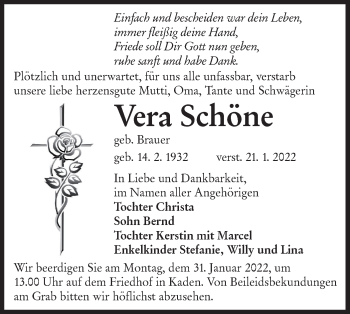 Traueranzeige von Vera Schöne von lausitzer_rundschau