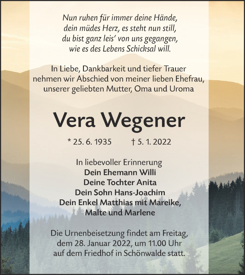  Traueranzeige für Vera Wegener vom 11.01.2022 aus lausitzer_rundschau