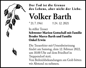 Traueranzeige von Volker Barth von lausitzer_rundschau