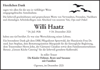 Traueranzeige von Willi Haatz von lausitzer_rundschau