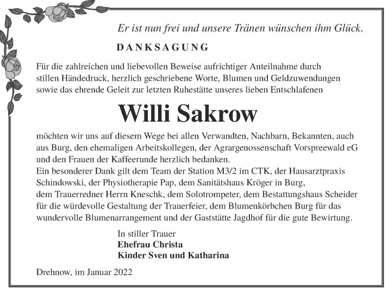  Traueranzeige für Willi Sakrow vom 08.01.2022 aus lausitzer_rundschau