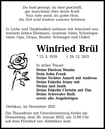 Traueranzeige von Winfried Brül von lausitzer_rundschau