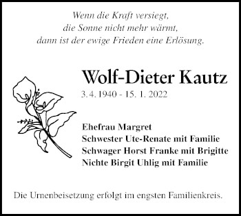 Traueranzeige von Wolf-Dieter Kautz von lausitzer_rundschau