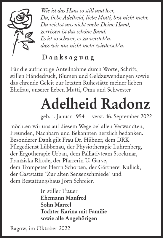 Traueranzeige von Adelheid Radonz von lausitzer_rundschau