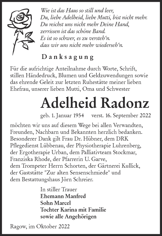  Traueranzeige für Adelheid Radonz vom 22.10.2022 aus lausitzer_rundschau