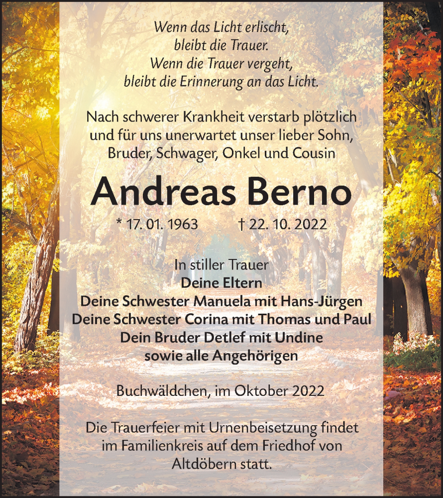  Traueranzeige für Andreas Berno vom 29.10.2022 aus lausitzer_rundschau