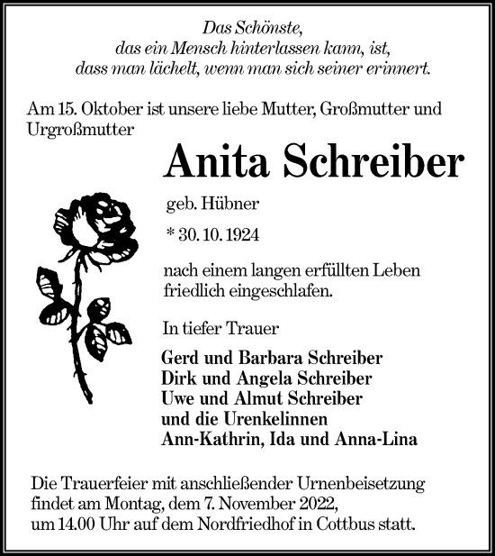 Traueranzeige von Anita Schreiber von lausitzer_rundschau