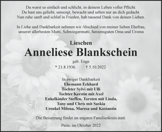 Traueranzeige von Anneliese Blankschein von lausitzer_rundschau