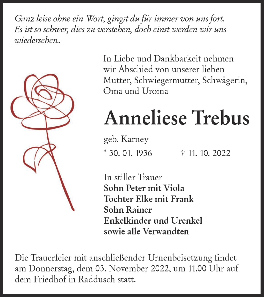  Traueranzeige für Anneliese Trebus vom 15.10.2022 aus lausitzer_rundschau