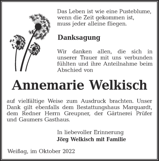 Traueranzeige von Annemarie Welkisch von lausitzer_rundschau