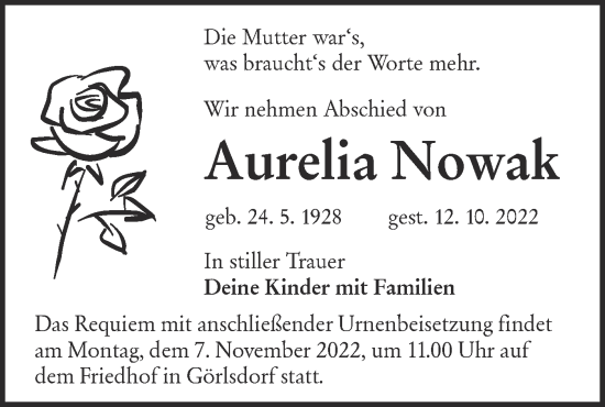 Traueranzeige von Aurelia Nowak von lausitzer_rundschau