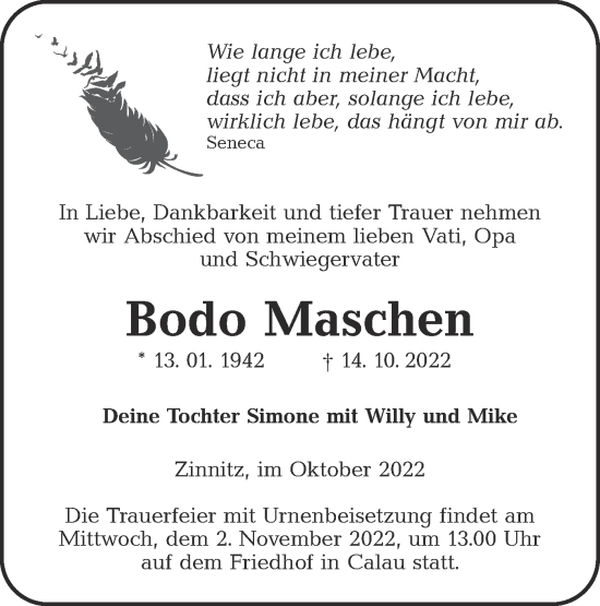 Traueranzeige von Bodo Maschen von lausitzer_rundschau
