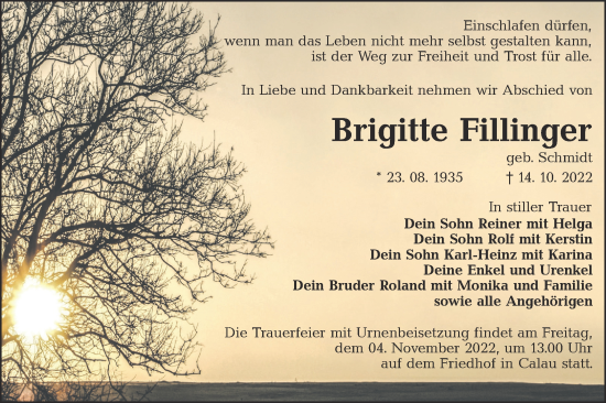 Traueranzeige von Brigitte Fillinger von lausitzer_rundschau