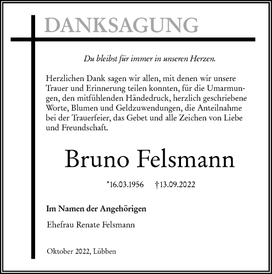 Traueranzeige von Bruno Felsmann von lausitzer_rundschau