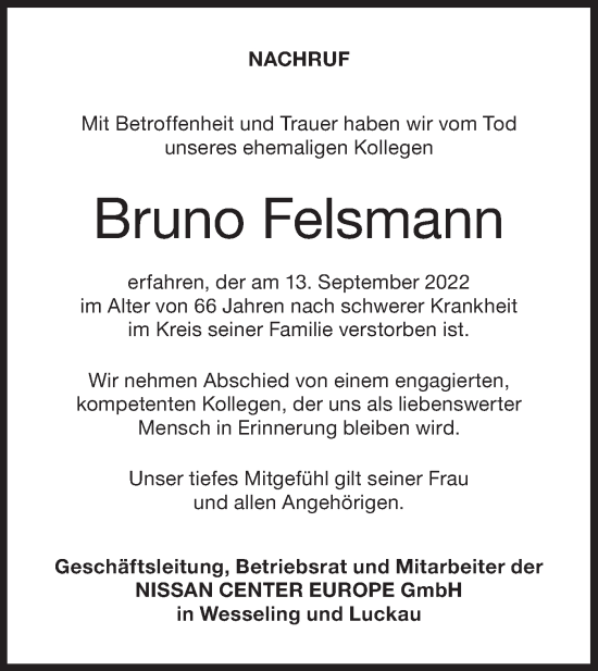 Traueranzeige von Bruno Felsmann von lausitzer_rundschau