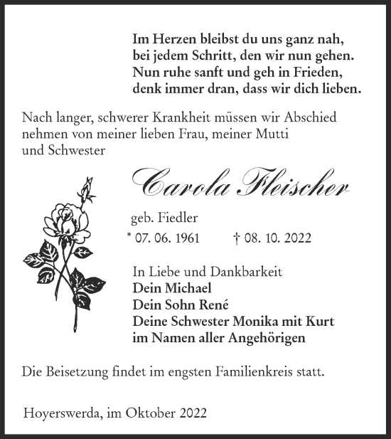 Traueranzeige von Carola Fleischer von lausitzer_rundschau