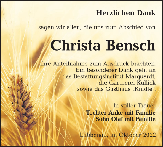 Traueranzeige von Christa Bensch von lausitzer_rundschau