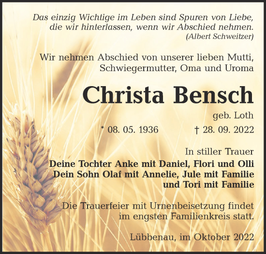 Traueranzeige von Christa Bensch von lausitzer_rundschau