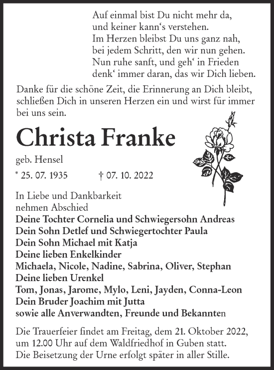 Traueranzeige von Christa Franke von lausitzer_rundschau