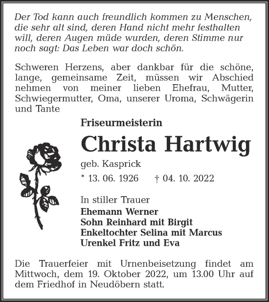 Traueranzeige von Christa Hartwig von lausitzer_rundschau