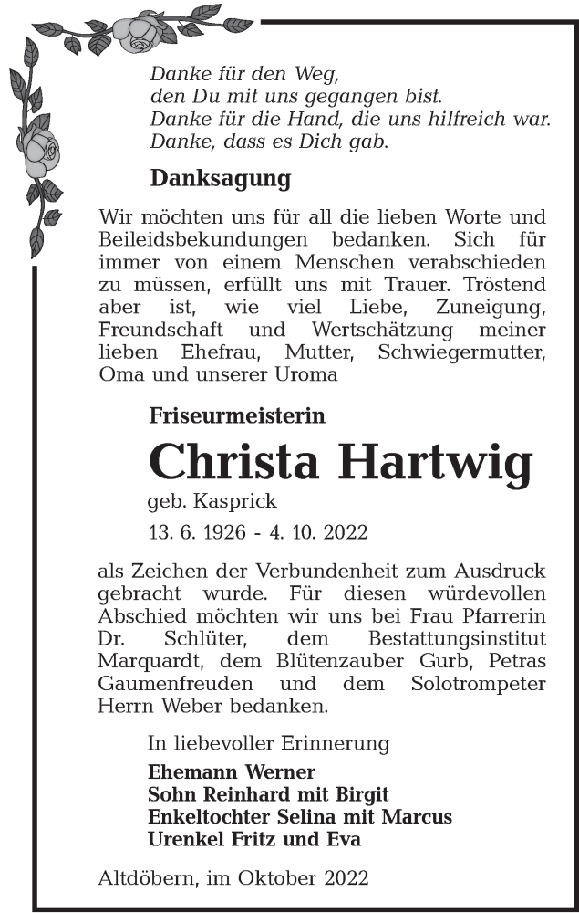  Traueranzeige für Christa Hartwig vom 29.10.2022 aus lausitzer_rundschau