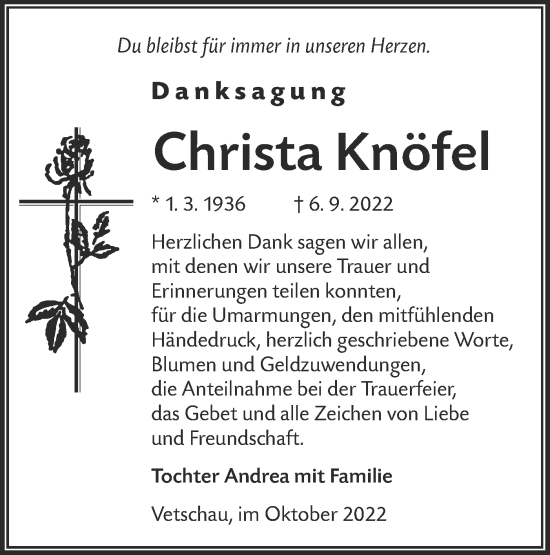 Traueranzeige von Christa Knöfel von lausitzer_rundschau