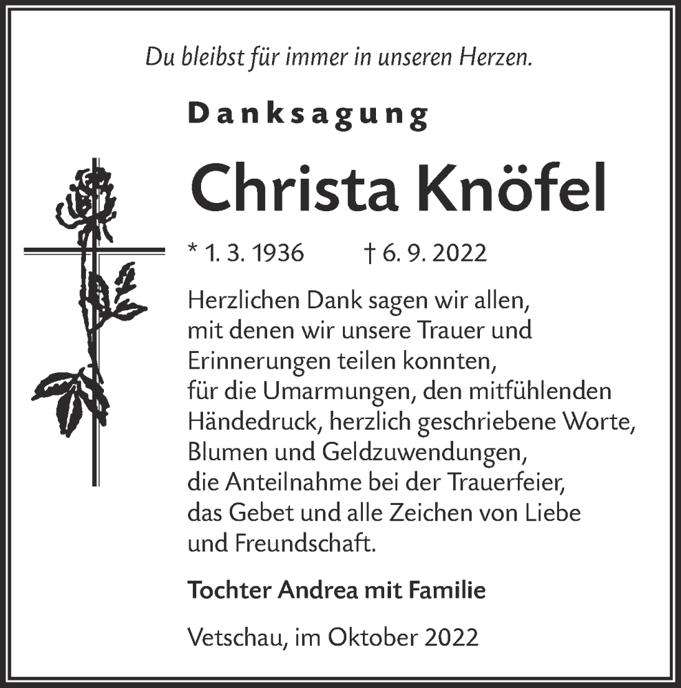  Traueranzeige für Christa Knöfel vom 15.10.2022 aus lausitzer_rundschau