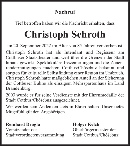 Traueranzeige von Christoph Schroth von lausitzer_rundschau