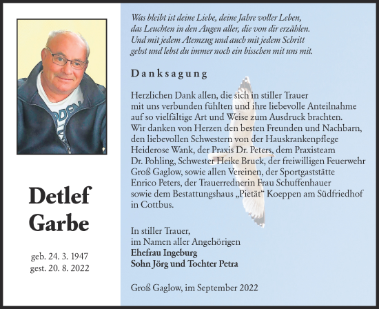 Traueranzeige von Detlef Garbe von lausitzer_rundschau