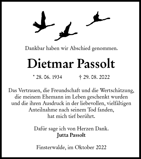 Traueranzeige von Dietmar Passolt von lausitzer_rundschau