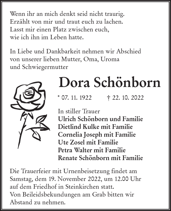 Traueranzeige von Dora Schönborn von lausitzer_rundschau