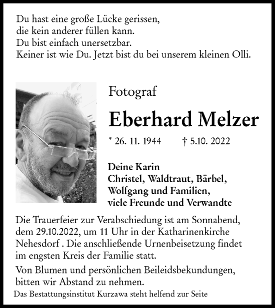 Traueranzeige von Eberhard Melzer von lausitzer_rundschau