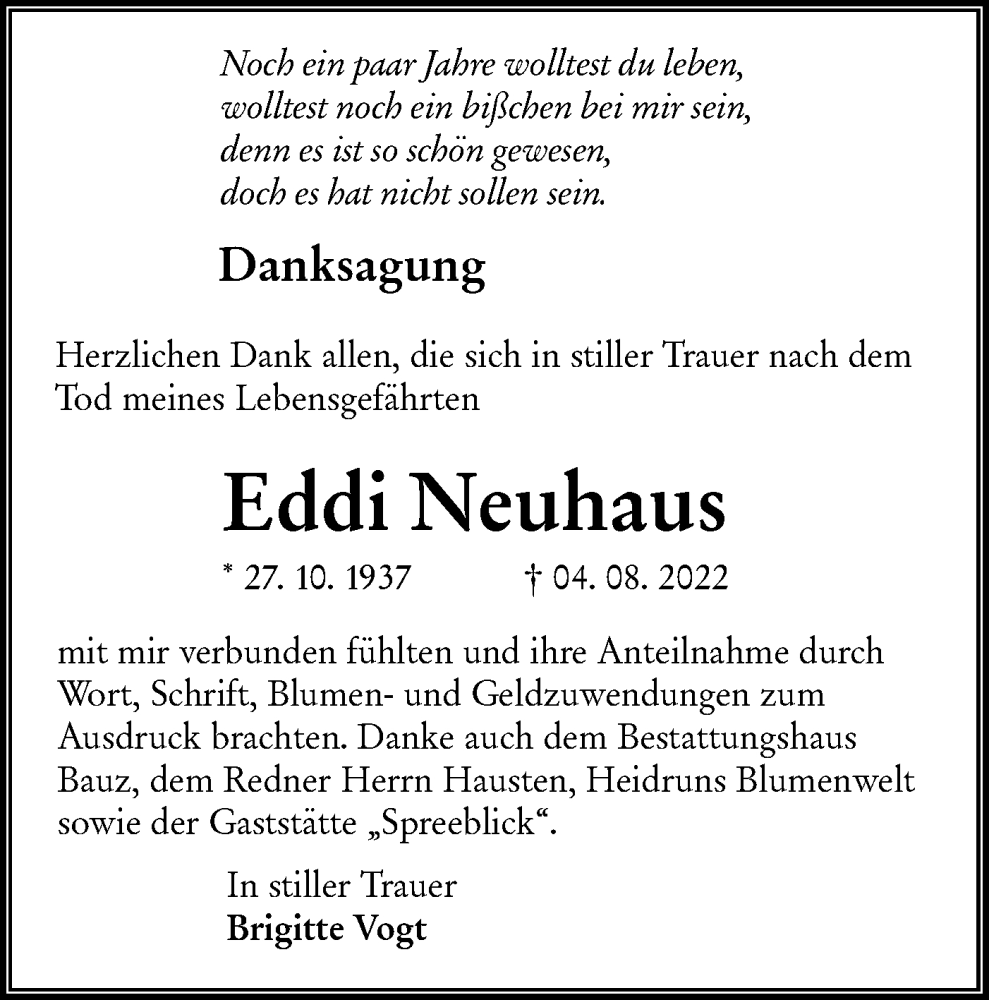  Traueranzeige für Eddi Neuhaus vom 08.10.2022 aus lausitzer_rundschau