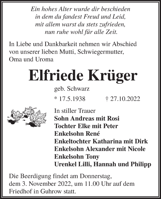 Traueranzeige von Elfriede Krüger von lausitzer_rundschau