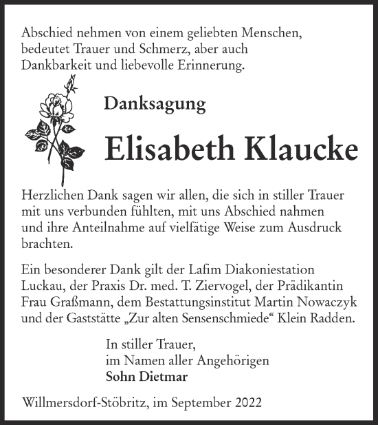 Traueranzeige von Elisabeth Klaucke von lausitzer_rundschau