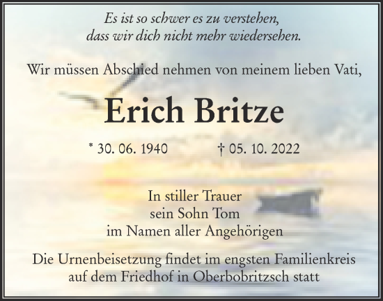 Traueranzeige von Erich Britze von lausitzer_rundschau