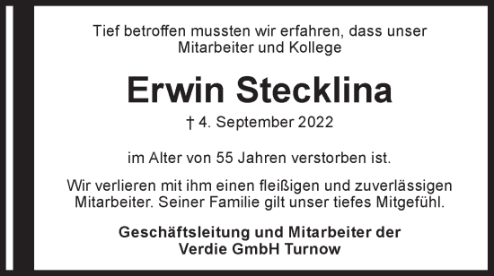 Traueranzeige von Erwin Stecklina von lausitzer_rundschau