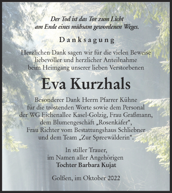 Traueranzeige von Eva Kurzhals von lausitzer_rundschau