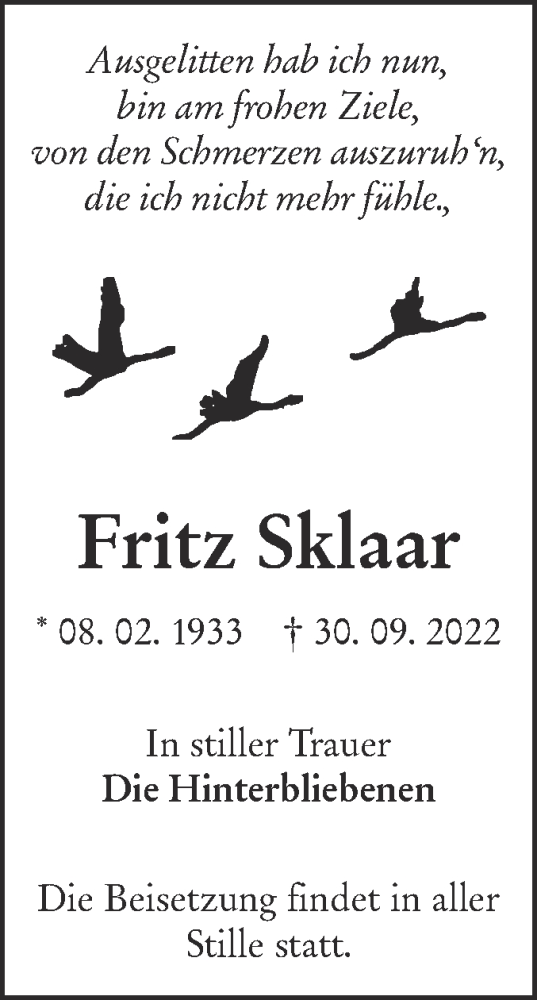 Traueranzeige von Fritz Sklaar von lausitzer_rundschau