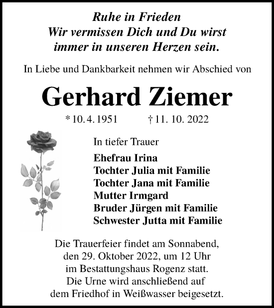 Traueranzeige von Gerhard Ziemer von lausitzer_rundschau